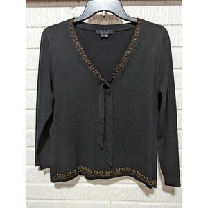 E.C. I.  N.Y. size 14P V-Neck black silk sweater with beaded trim
